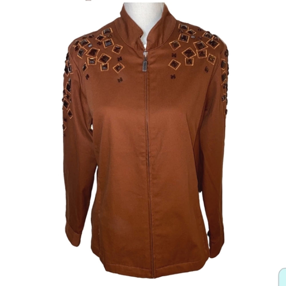 Bob Mackie Brown Rhinestone Art To Wear Lightweight Jacket Size 1X